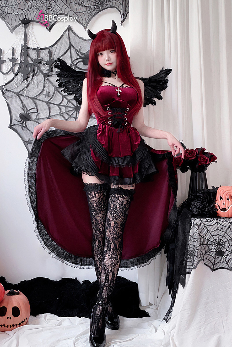Bộ Cosplay Gothic Vampire Nhung Rượu Đỏ Cúp Ngực Thắt Nơ