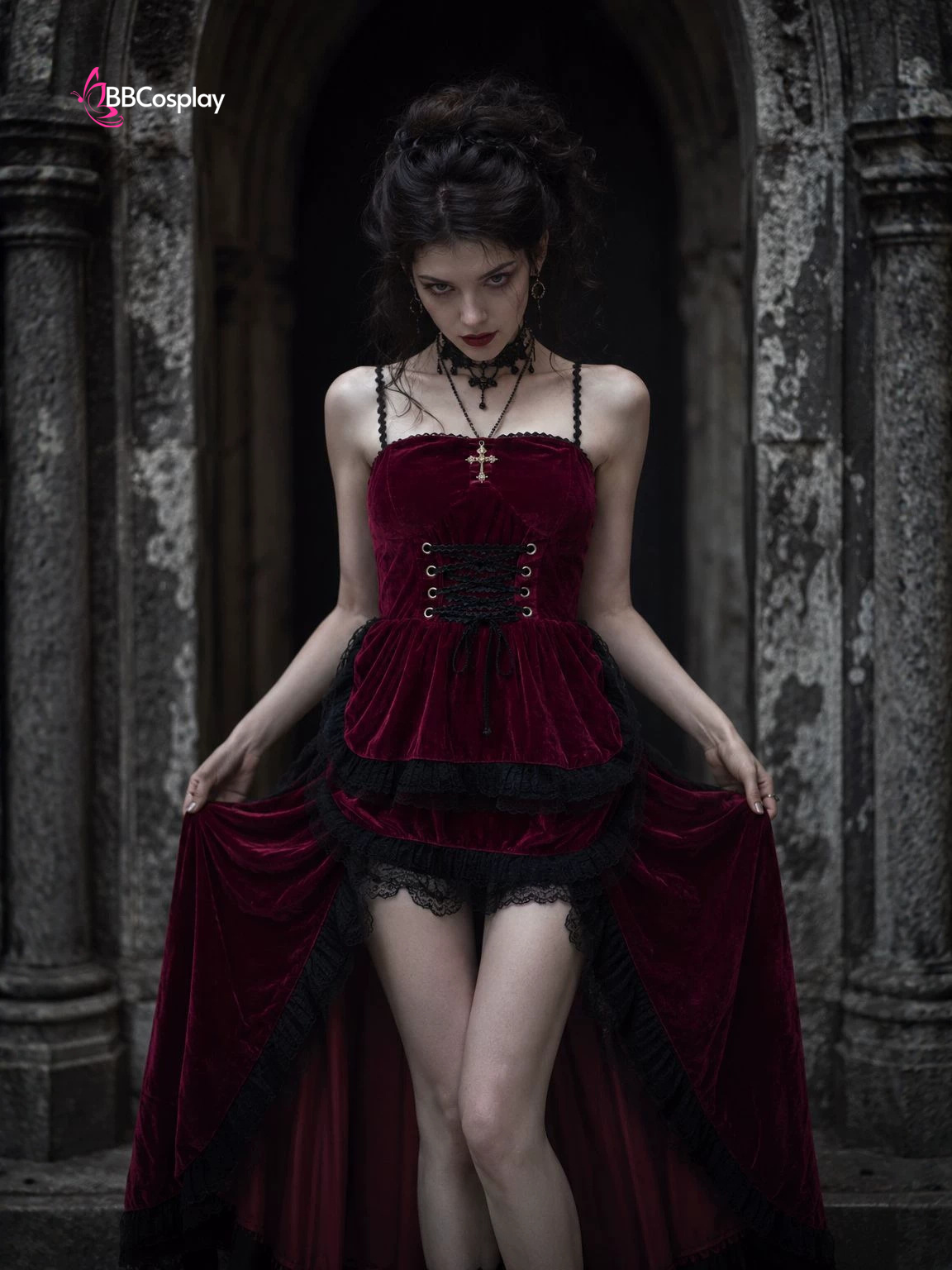 Bộ Cosplay Gothic Vampire Nhung Rượu Đỏ Cúp Ngực Thắt Nơ