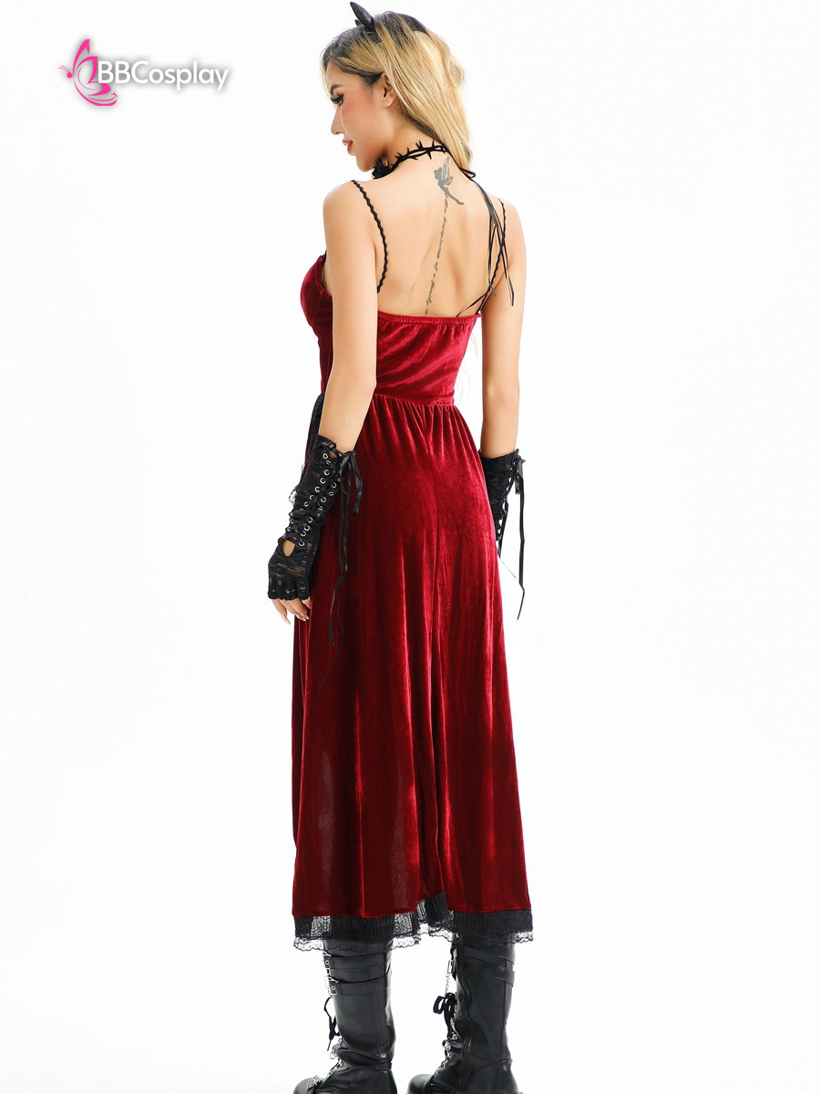 Bộ Cosplay Gothic Vampire Nhung Rượu Đỏ Cúp Ngực Thắt Nơ