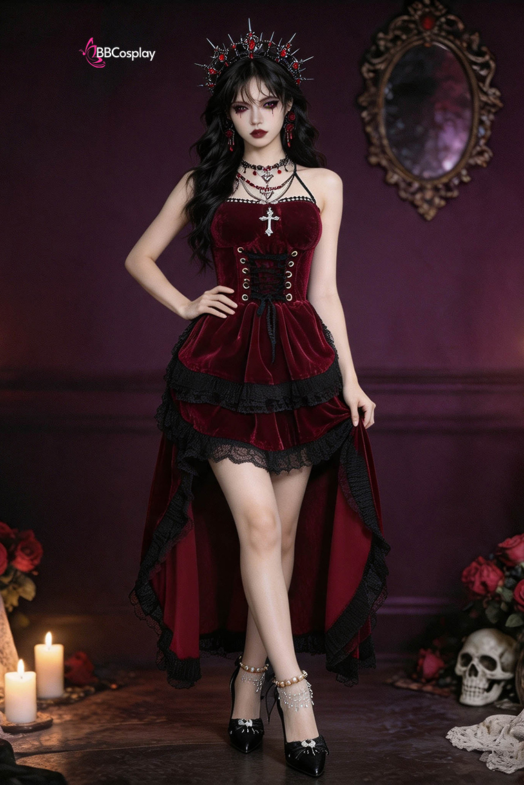 Bộ Cosplay Gothic Vampire Nhung Rượu Đỏ Cúp Ngực Thắt Nơ