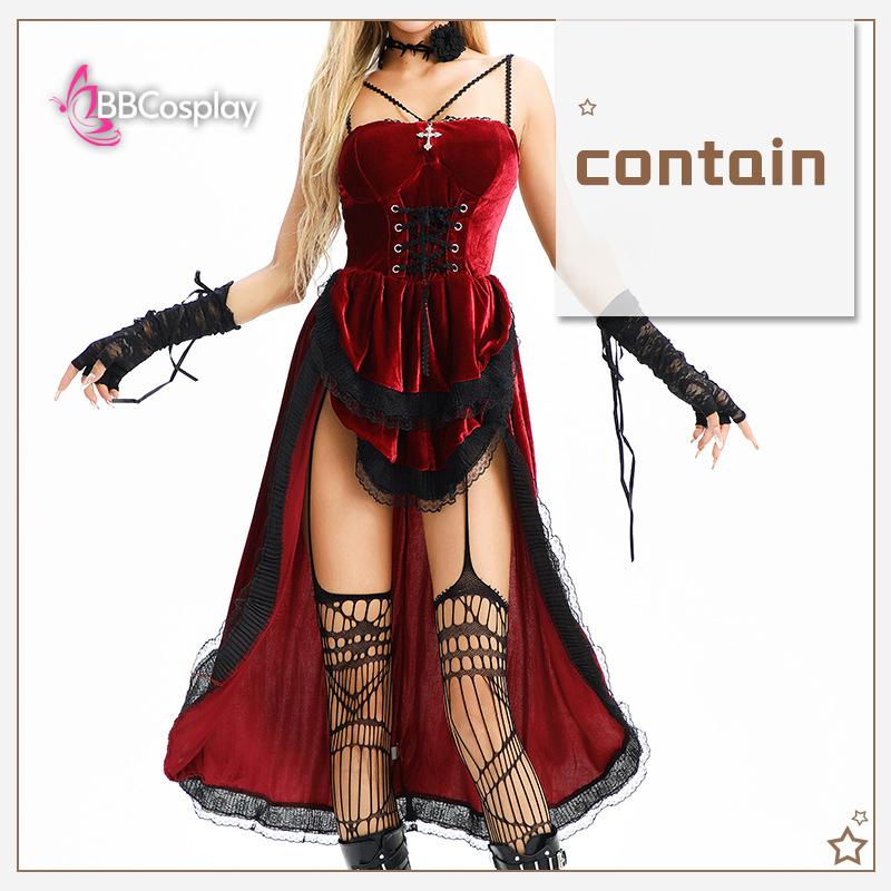 Bộ Cosplay Gothic Vampire Nhung Rượu Đỏ Cúp Ngực Thắt Nơ