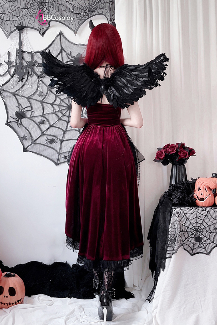 Bộ Cosplay Gothic Vampire Nhung Rượu Đỏ Cúp Ngực Thắt Nơ