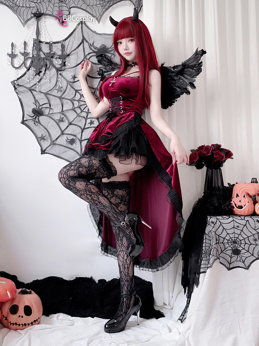 Bộ Cosplay Gothic Vampire Nhung Rượu Đỏ Cúp Ngực Thắt Nơ