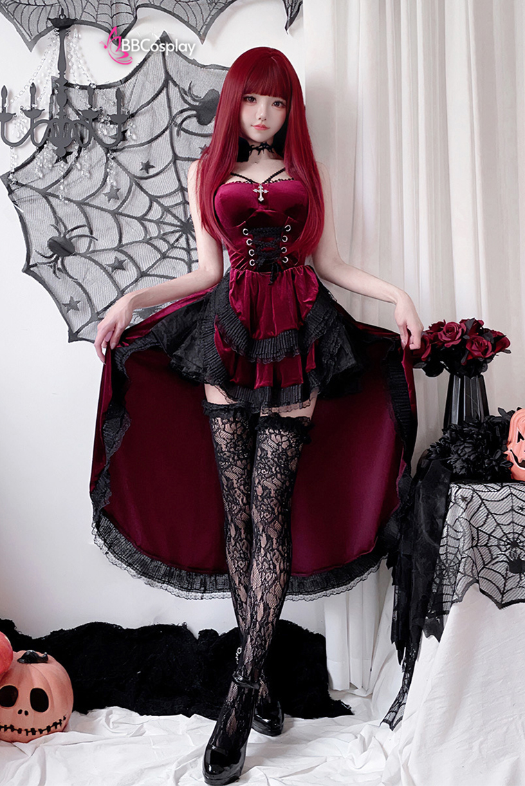 Bộ Cosplay Gothic Vampire Nhung Rượu Đỏ Cúp Ngực Thắt Nơ