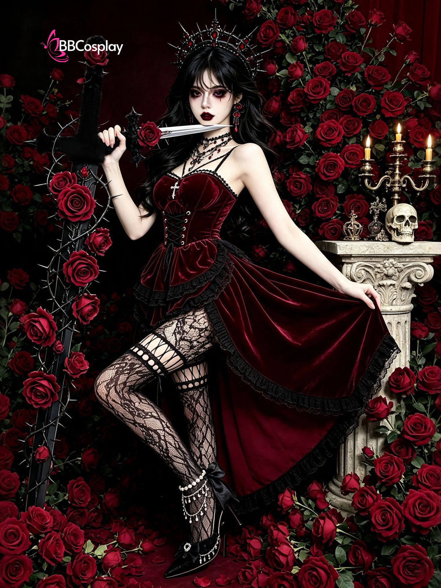 Bộ Cosplay Gothic Vampire Nhung Rượu Đỏ Cúp Ngực Thắt Nơ