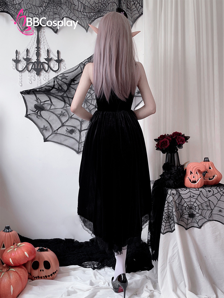 Bộ Cosplay Gothic Vampire Nhung Rượu Đen Cúp Ngực Thắt Nơ