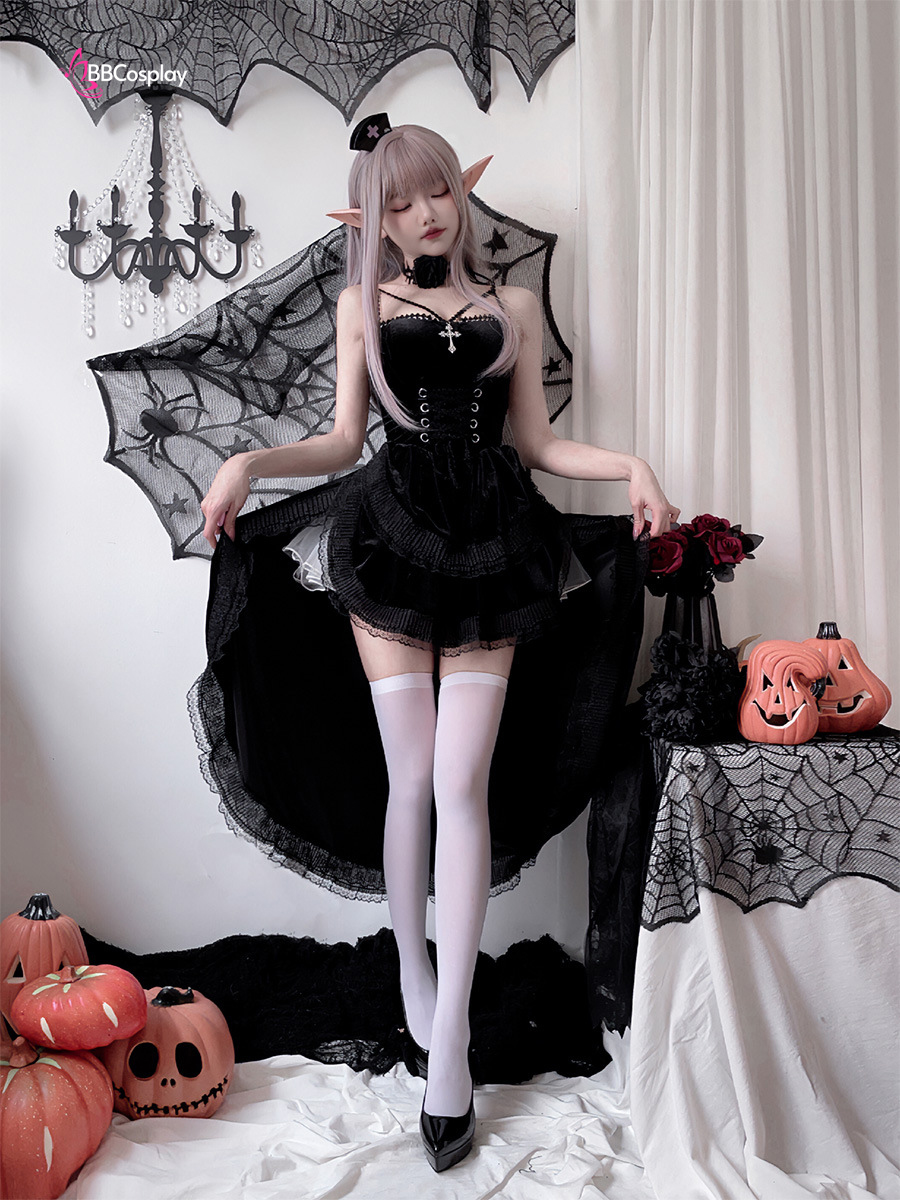 Bộ Cosplay Gothic Vampire Nhung Rượu Đen Cúp Ngực Thắt Nơ
