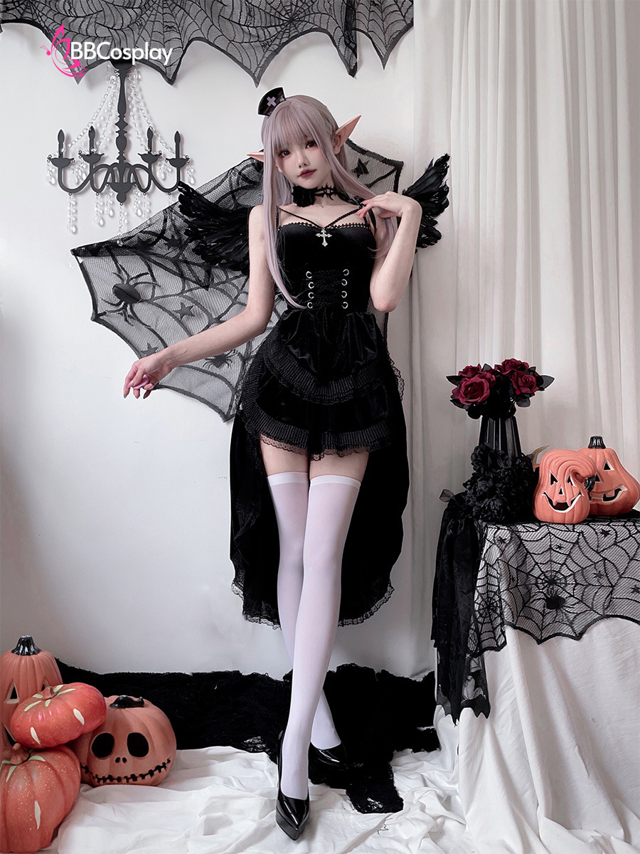 Bộ Cosplay Gothic Vampire Nhung Rượu Đen Cúp Ngực Thắt Nơ