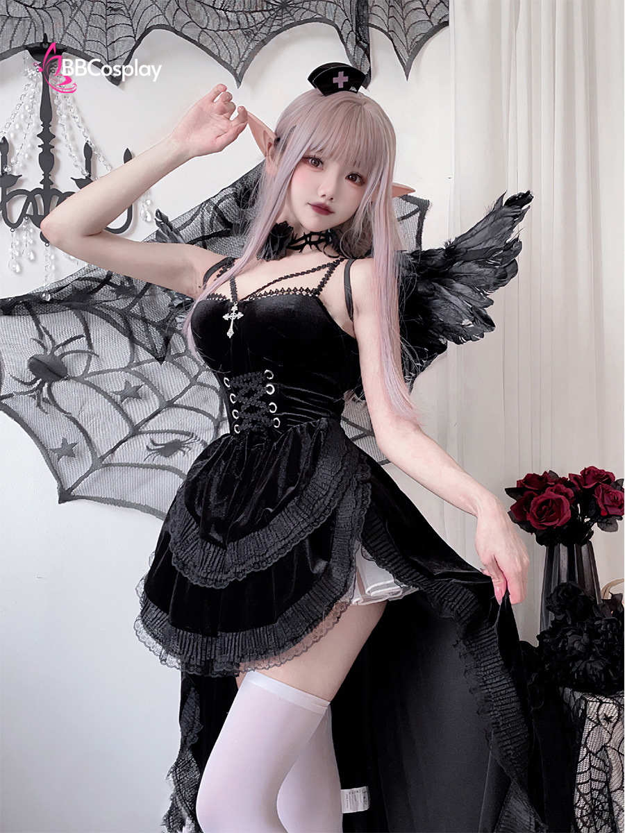 Bộ Cosplay Gothic Vampire Nhung Rượu Đen Cúp Ngực Thắt Nơ