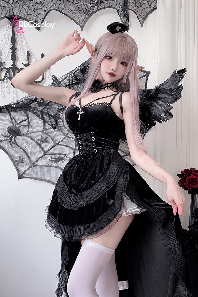 Bộ Cosplay Gothic Vampire Nhung Rượu Đen Cúp Ngực Thắt Nơ