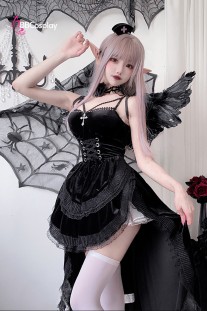 Bộ Cosplay Gothic Vampire Nhung Rượu Đen Cúp Ngực Thắt Nơ