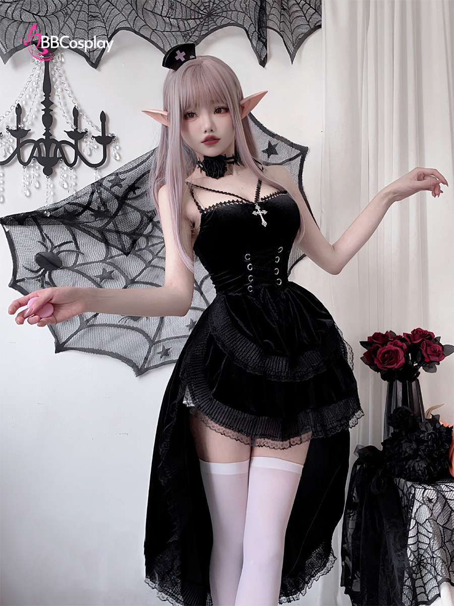 Bộ Cosplay Gothic Vampire Nhung Rượu Đen Cúp Ngực Thắt Nơ