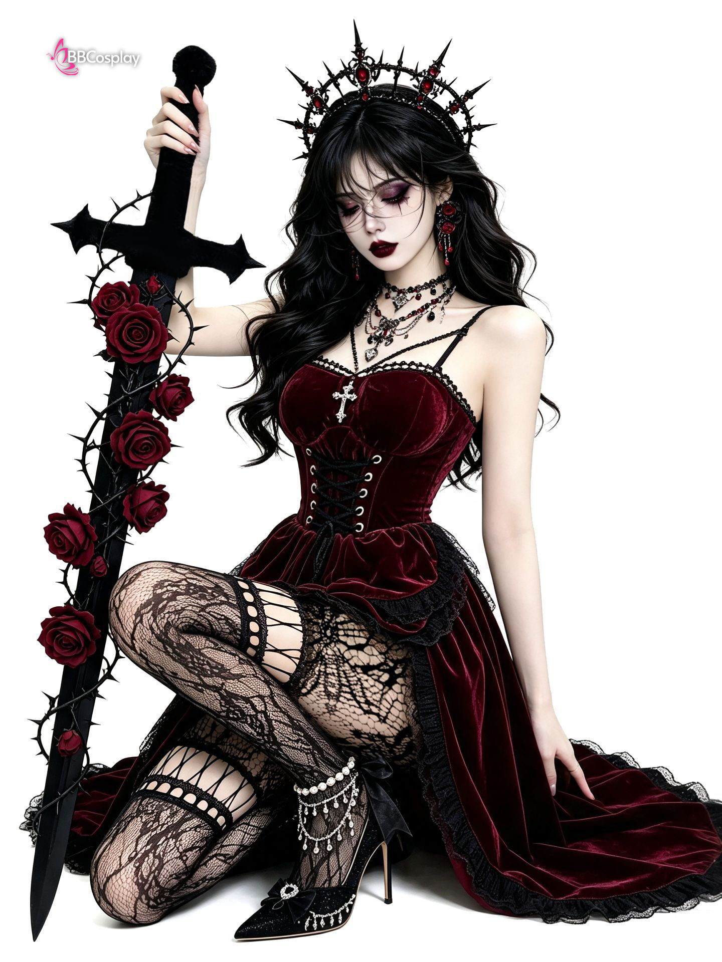 Bộ Cosplay Gothic Vampire Nhung Rượu Đen Cúp Ngực Thắt Nơ