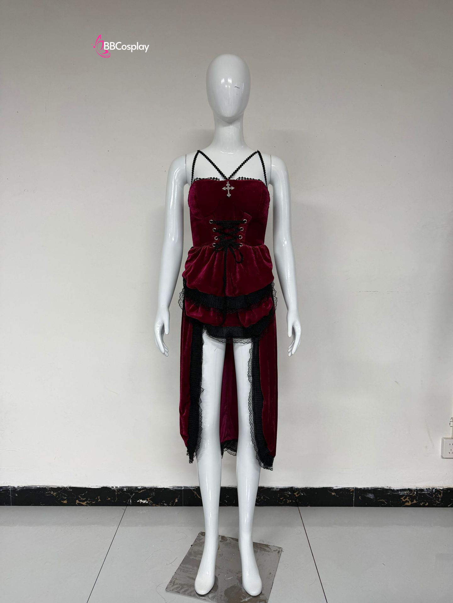 Bộ Cosplay Gothic Vampire Nhung Rượu Đen Cúp Ngực Thắt Nơ
