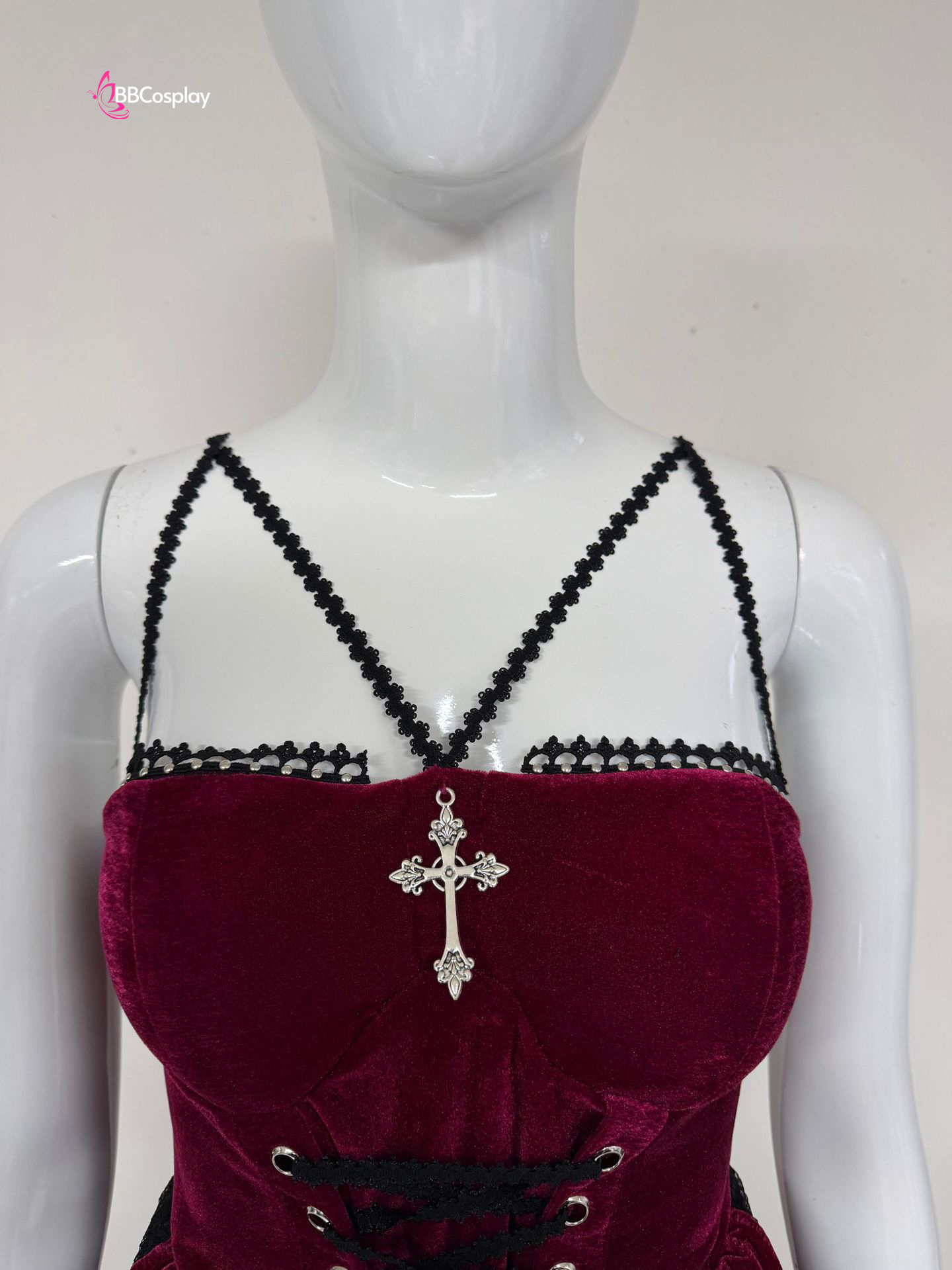 Bộ Cosplay Gothic Vampire Nhung Rượu Đen Cúp Ngực Thắt Nơ