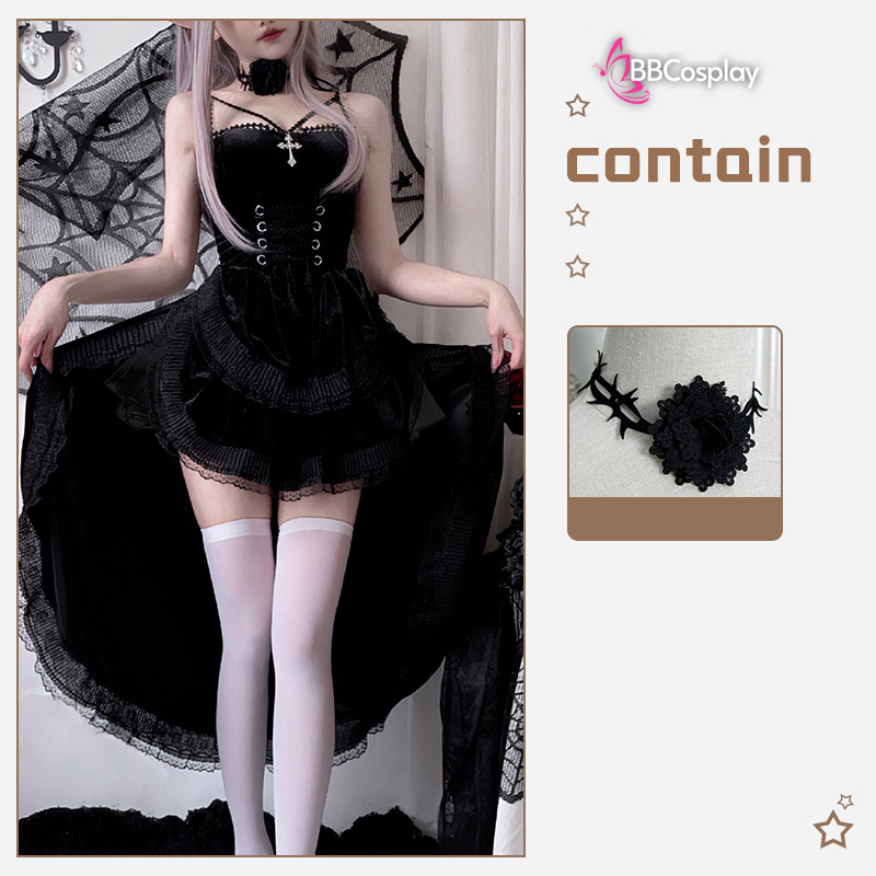 Bộ Cosplay Gothic Vampire Nhung Rượu Đen Cúp Ngực Thắt Nơ