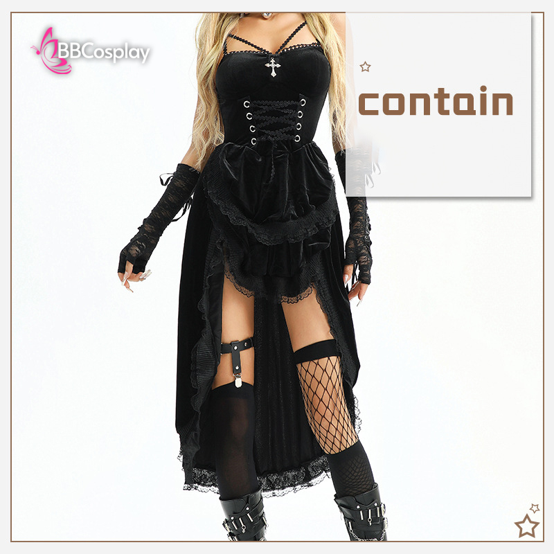 Bộ Cosplay Gothic Vampire Nhung Rượu Đen Cúp Ngực Thắt Nơ