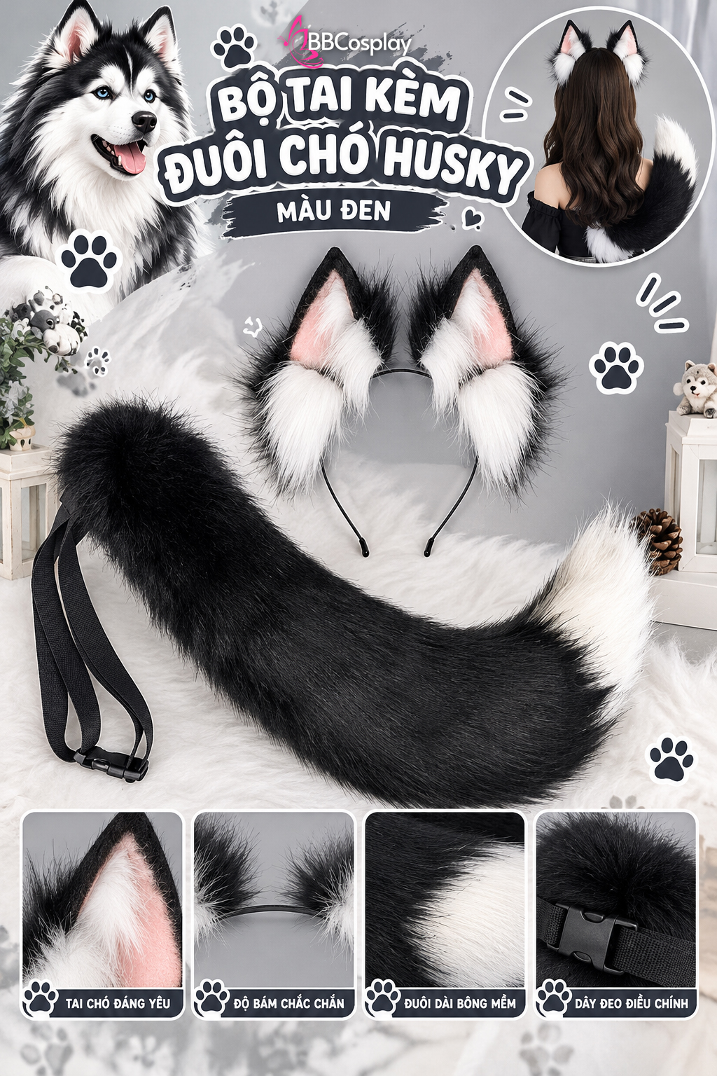 Bộ Tai Đuôi Chó Husky - Màu Xám Màu Đen