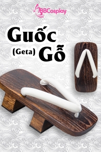 Guốc Gỗ Geta Bản Gỗ Nâu Đế Cao Quai Trắng