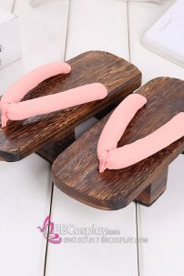 Guốc Gỗ Geta Bản Gỗ Nâu Đế Cao Quai Hồng