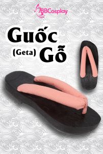 Guốc Gỗ Geta Bản Gỗ Đen Đế Thấp Quai Hồng
