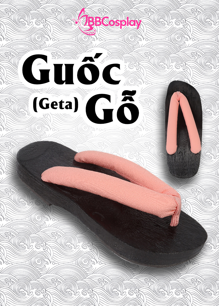 Guốc Gỗ Geta Bản Gỗ Đen Đế Thấp Quai Hồng