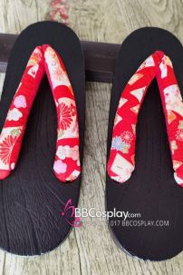 Guốc Gỗ Geta Bản Gỗ Đen Đế Thấp Quai Đỏ Hoa