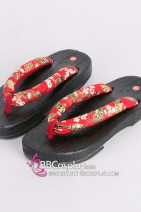 Guốc Gỗ Geta Bản Gỗ Đen Đế Thấp Quai Đỏ Hoa