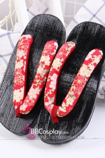 Guốc Gỗ Geta Bản Gỗ Đen Đế Thấp Quai Đỏ Hoa