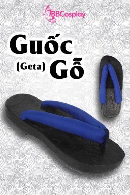 Guốc Gỗ Geta Bản Gỗ Đen Đế Thấp Quai Xanh
