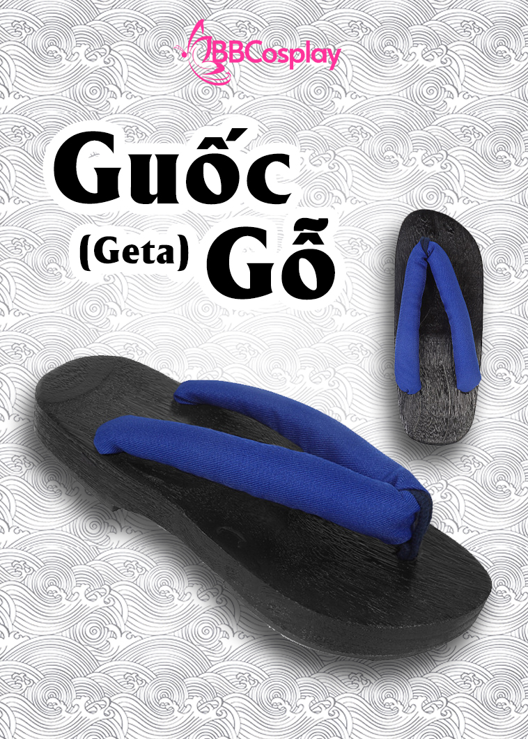 Guốc Gỗ Geta Bản Gỗ Đen Đế Thấp Quai Xanh