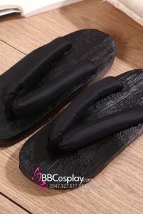 Guốc Gỗ Geta Bản Gỗ Đen Đế Thấp Quai Đen