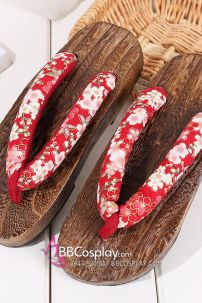 Guốc Gỗ Geta Bản Gỗ Nâu Đế Thấp Quai Đỏ Hoa