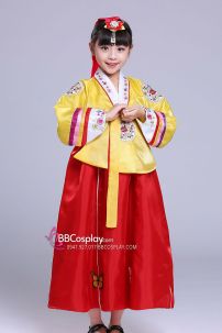 Hanbok Bé Gái Chuẩn Hàn Quốc Áo Vàng Váy Đỏ