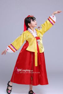 Hanbok Bé Gái Chuẩn Hàn Quốc Áo Vàng Váy Đỏ