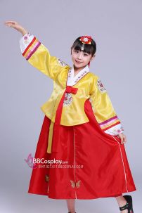 Hanbok Bé Gái Chuẩn Hàn Quốc Áo Vàng Váy Đỏ