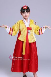 Hanbok Bé Gái Chuẩn Hàn Quốc Áo Vàng Váy Đỏ