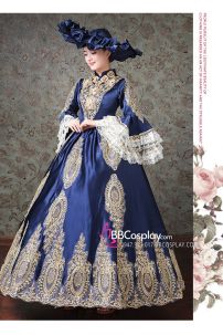 Đầm Bá Tước Châu Âu Xanh Navy Phối Ren 17Th Century