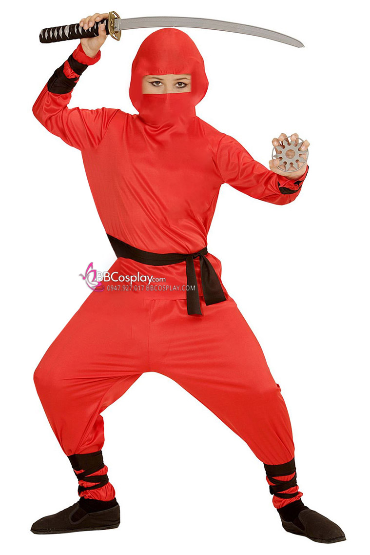 Đồ Ninja Đỏ Vải Thun Áo Vạt Chéo Trùm Đầu
