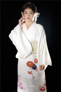 Yukata Trắng Hoa Cúc Đỏ Vintage Japanese