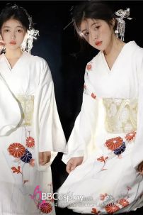 Yukata Trắng Hoa Cúc Đỏ Vintage Japanese