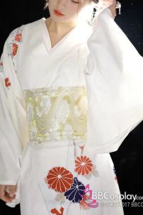 Yukata Trắng Hoa Cúc Đỏ Vintage Japanese