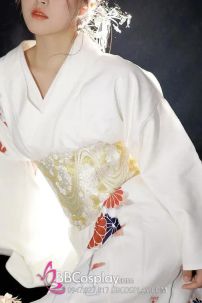 Yukata Trắng Hoa Cúc Đỏ Vintage Japanese