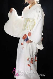 Yukata Trắng Hoa Cúc Đỏ Vintage Japanese