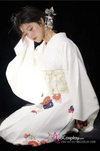 Yukata Trắng Hoa Cúc Đỏ Vintage Japanese