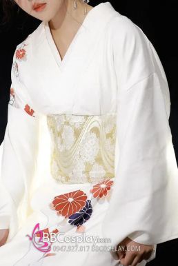 Yukata Trắng Hoa Cúc Đỏ Vintage Japanese