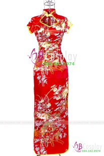 Sườn Xám Đỏ Phi Dài Cổ Khoét Có Tay