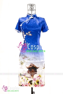 Sườn Xám Xanh Dương Chùa 1 Cột