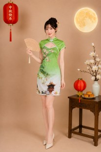 Sườn Xám Gấm Thái Xanh Chùa Một Cột