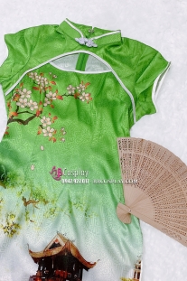 Sườn Xám Gấm Thái Xanh Chùa Một Cột